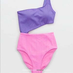 Aerie Crinkle Asymmetrical Cut Out One Piece Swimsuit